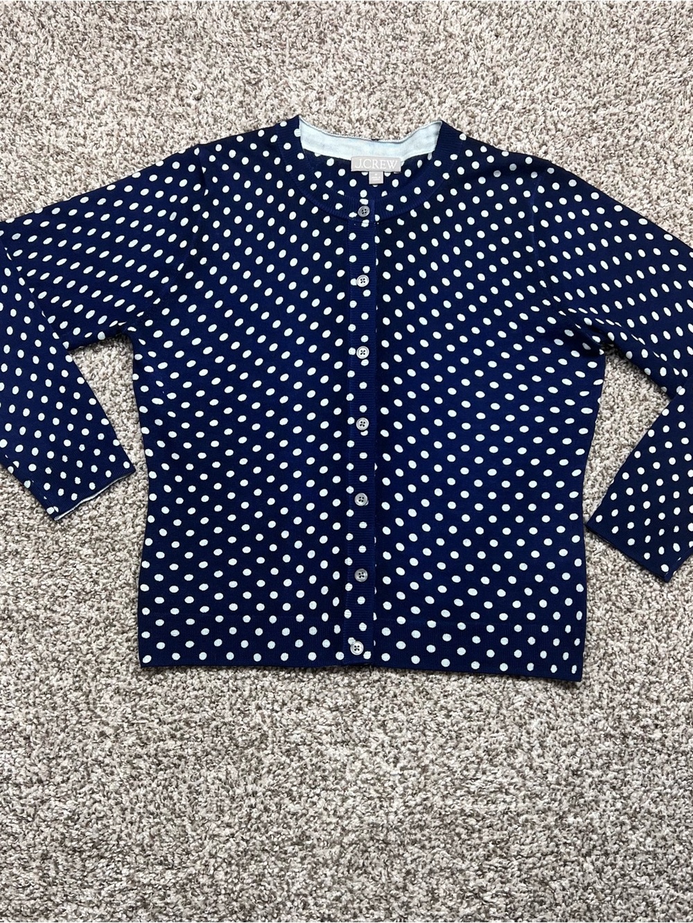 J. Crew Women’s Carolyn Cardigan Navy White Polka-Dot 100% Merino Wool sz Med - Picture 4 of 14